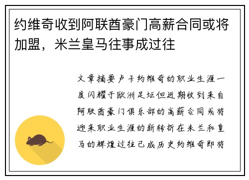 约维奇收到阿联酋豪门高薪合同或将加盟,米兰皇马往事成过往 约维奇收到阿联酋豪门高薪合同或将加盟,米兰皇马往事成过往