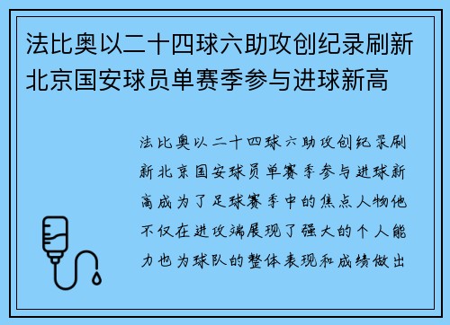 法比奥以二十四球六助攻创纪录刷新北京国安球员单赛季参与进球新高 法比奥以二十四球六助攻创纪录刷新北京国安球员单赛季参与进球新高